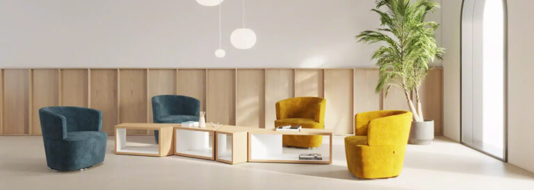 Bright lounge with four lounge chairs around a modular coffee table, shoulder high wood paneling benhind and three pennant lights haning from above.