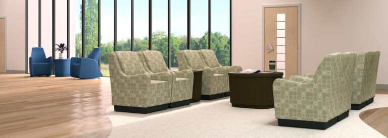 Moduform Emma chairs in a waiting room with a large window in the background.