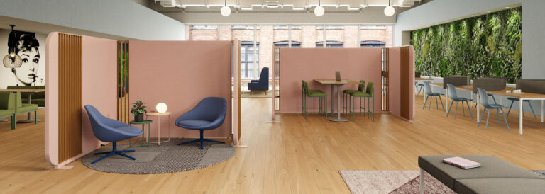 Stylex office setting featuring seating and paneling.